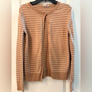 GAP Camel and White Striped Crewneck Button-Front Cardigan